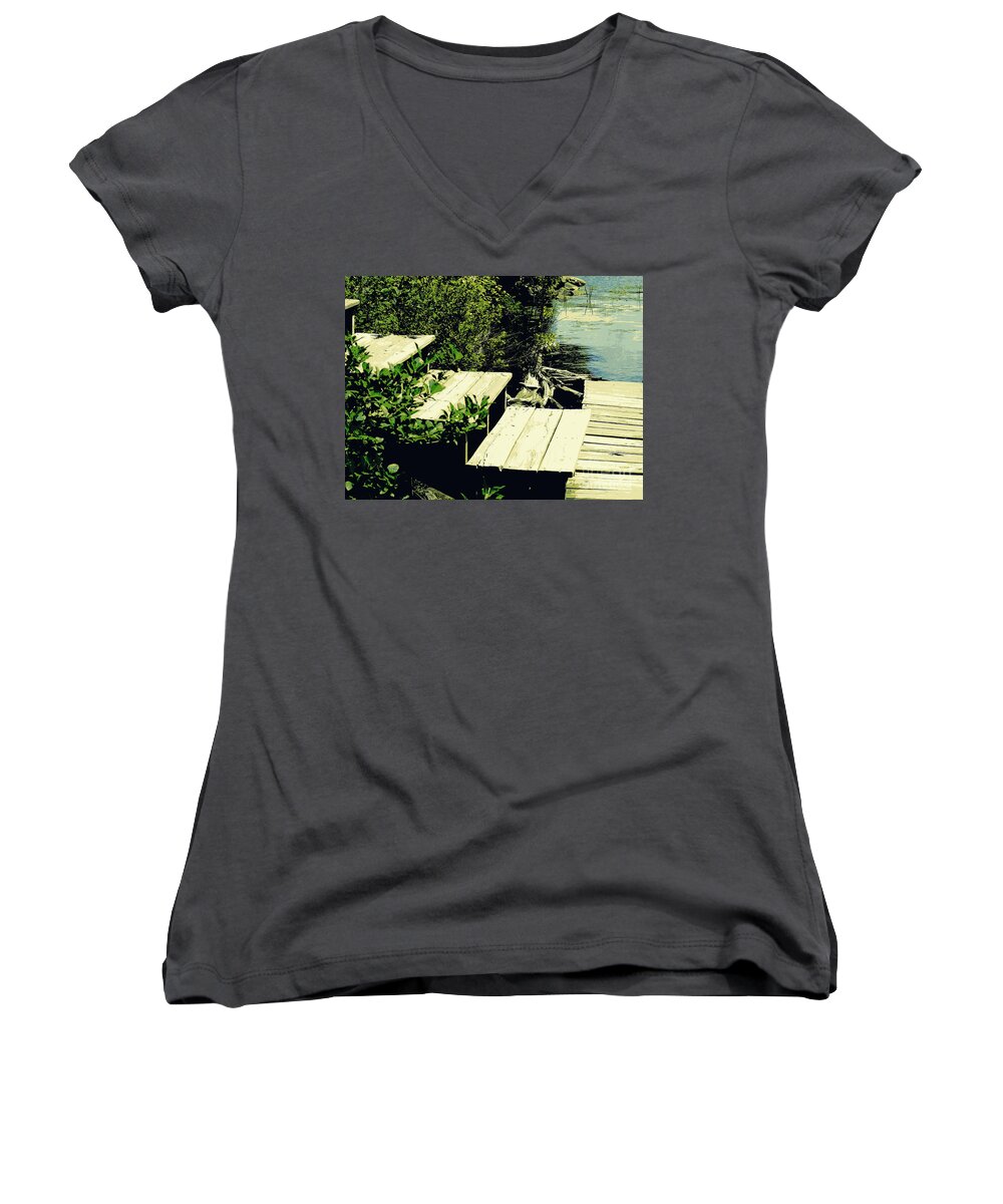 Color Block Women's V-Neck featuring the photograph Stairs to the Dock by Susan Lafleur