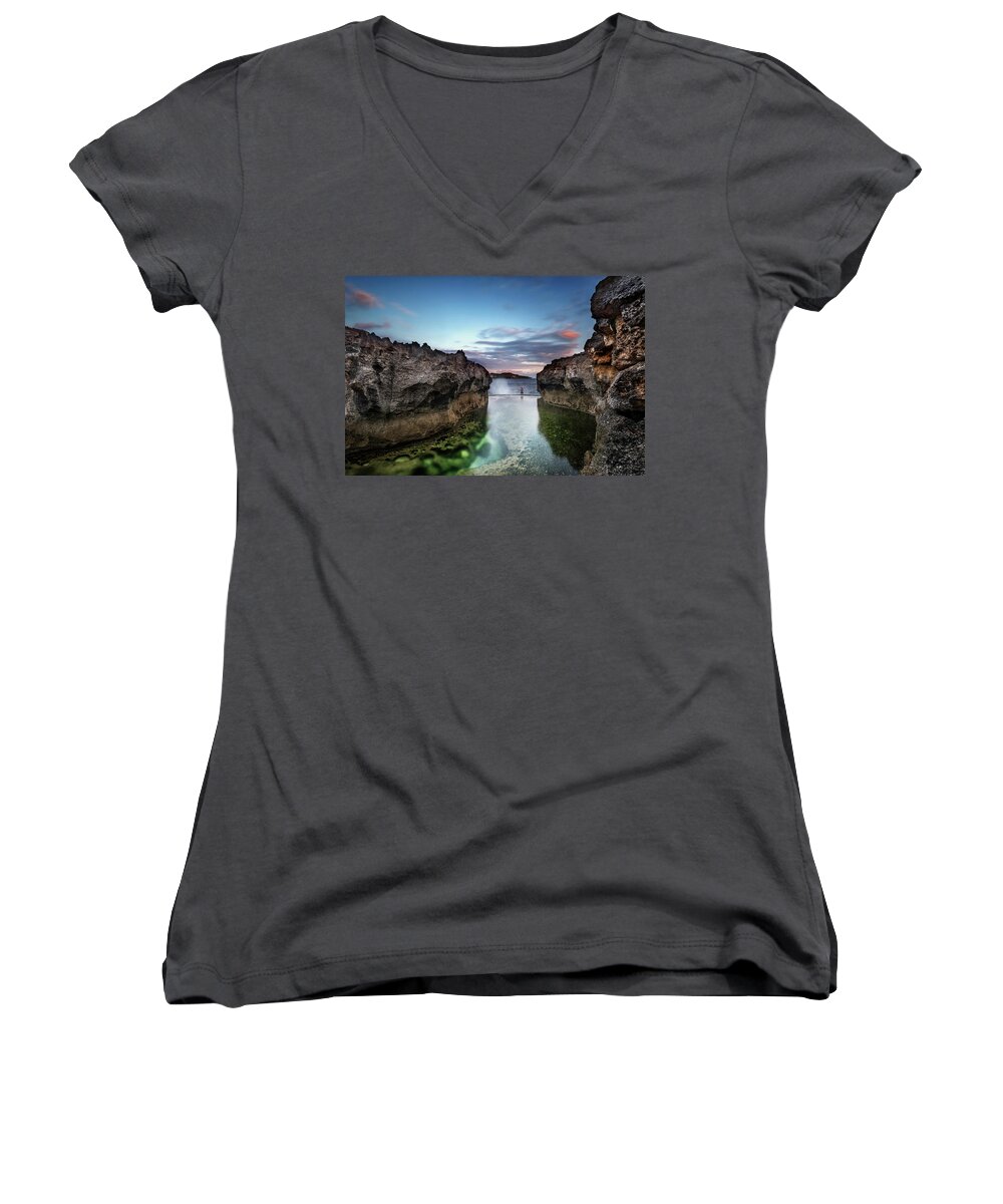 Travel Women's V-Neck featuring the photograph Standing at the tip of sea by Pradeep Raja Prints