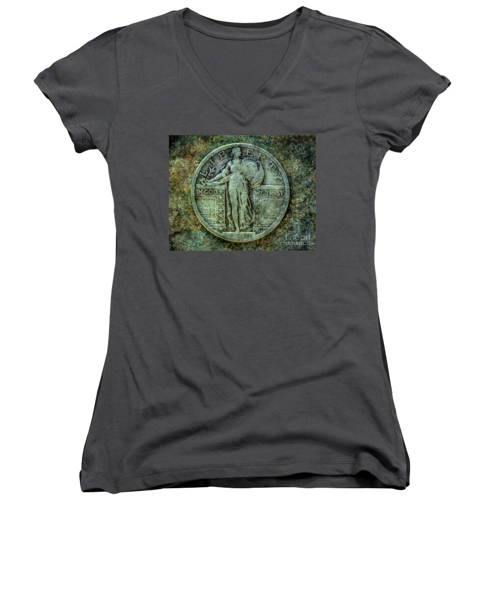 Old Silver Coin Women's V-Neck featuring the digital art Standing Libery Quarter Obverse by Randy Steele