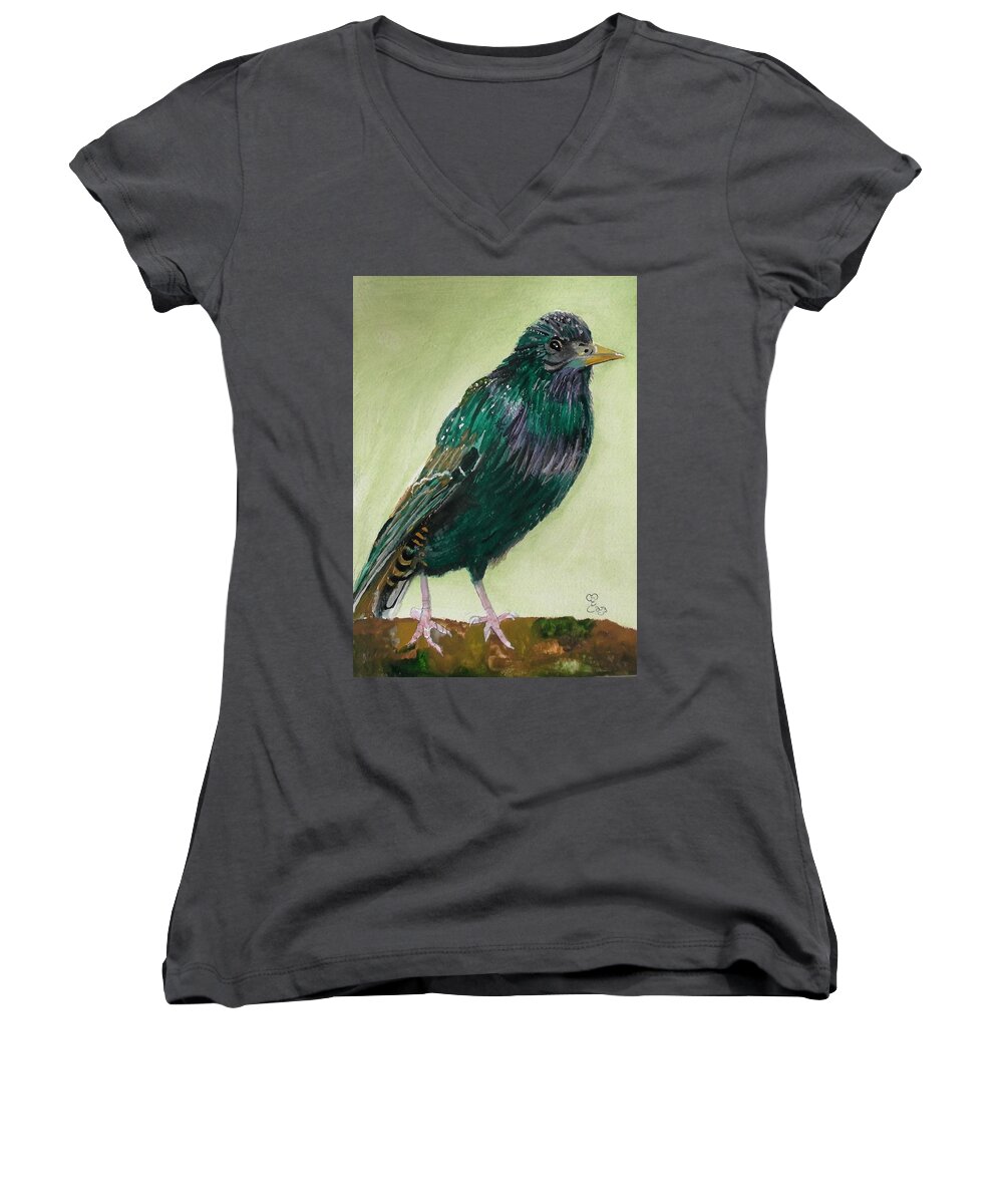 Starling Women's V-Neck featuring the painting Starling by Carole Robins
