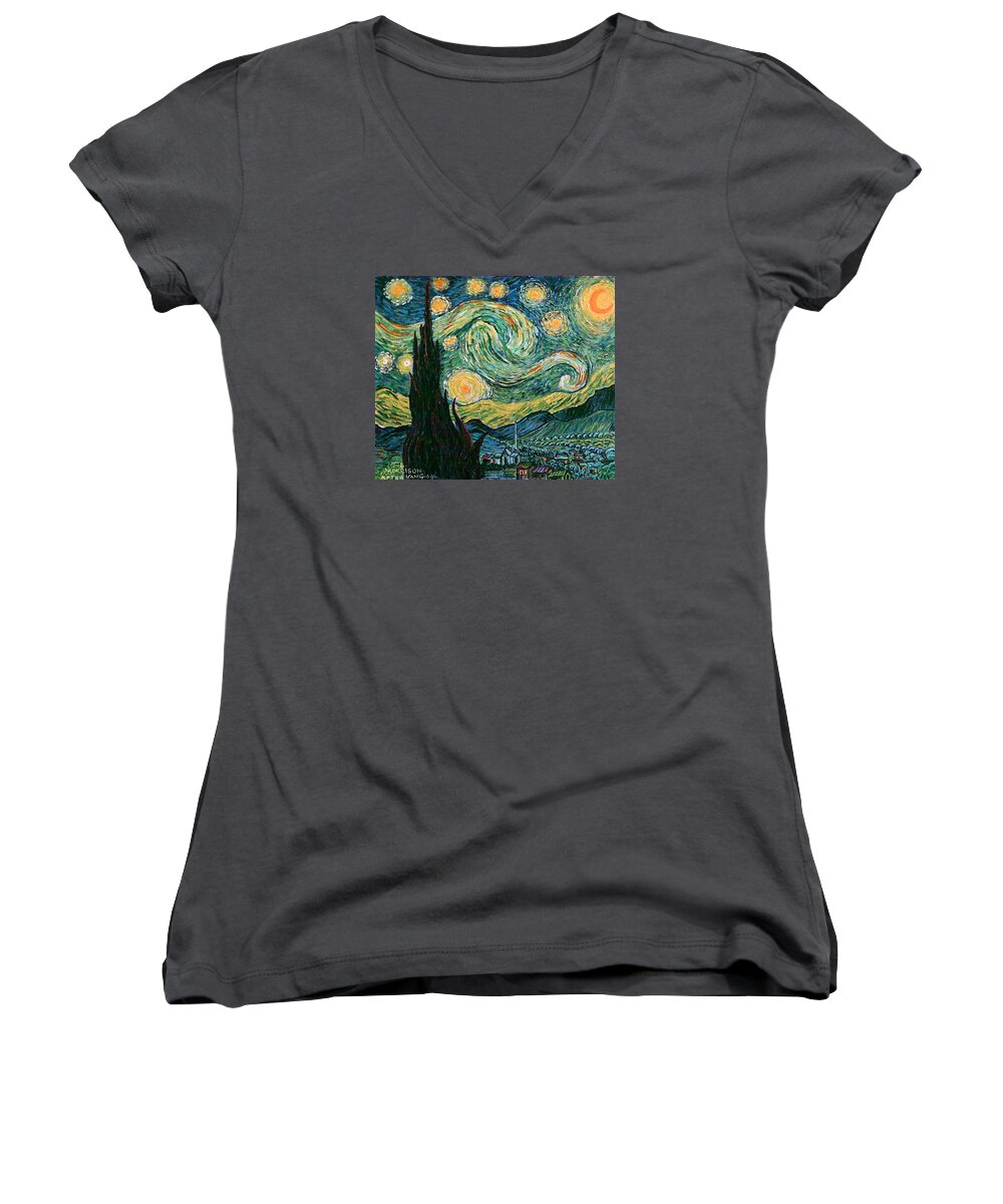 Landscape Women's V-Neck featuring the painting Starry night after V. Vangogh by Frank Morrison