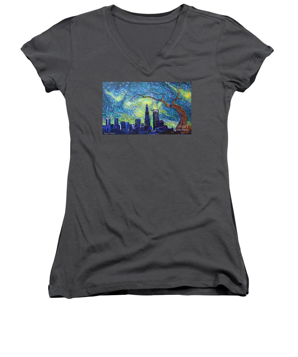 Impressionism Women's V-Neck featuring the painting Starry Night Over The Queen City by Stefan Duncan