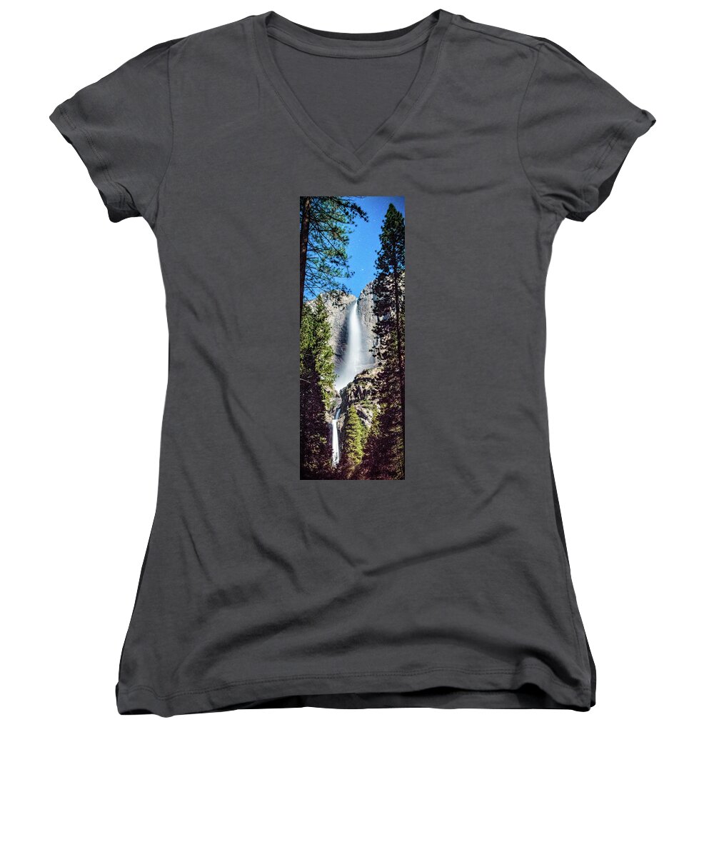 Yosemite National Park Women's V-Neck featuring the photograph Starry Yosemite Falls by Connie Cooper-Edwards
