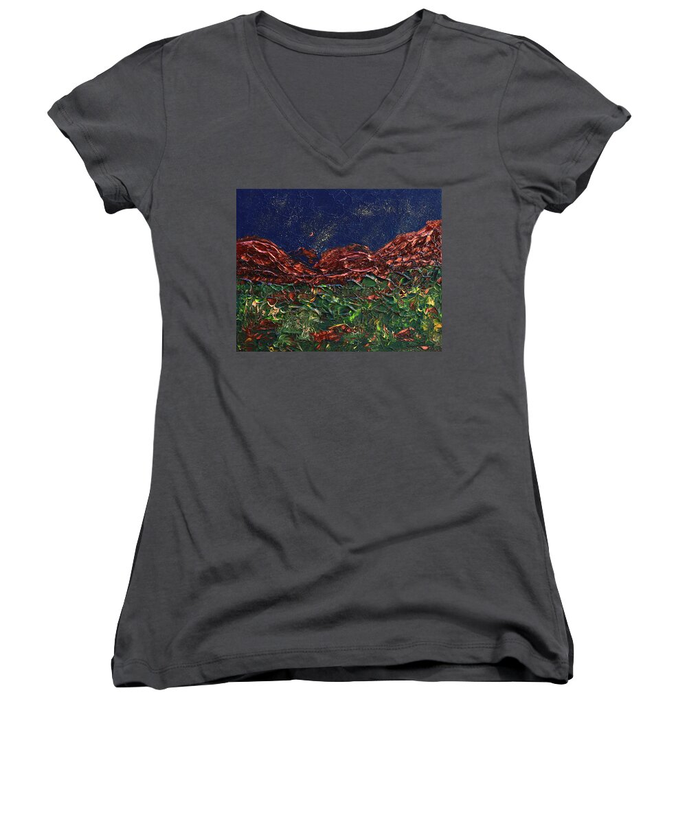 Night Sky Women's V-Neck featuring the painting Stars Falling On Copper Moon by Donna Blackhall