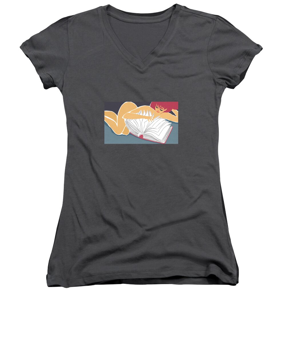 Books Women's V-Neck featuring the mixed media Stay Up Late Reading by Little Bunny Sunshine