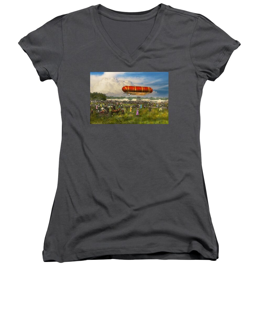 Spectacle Women's V-Neck featuring the photograph Steampunk - Blimp - Launching Nulli Secundus II 1908 by Mike Savad