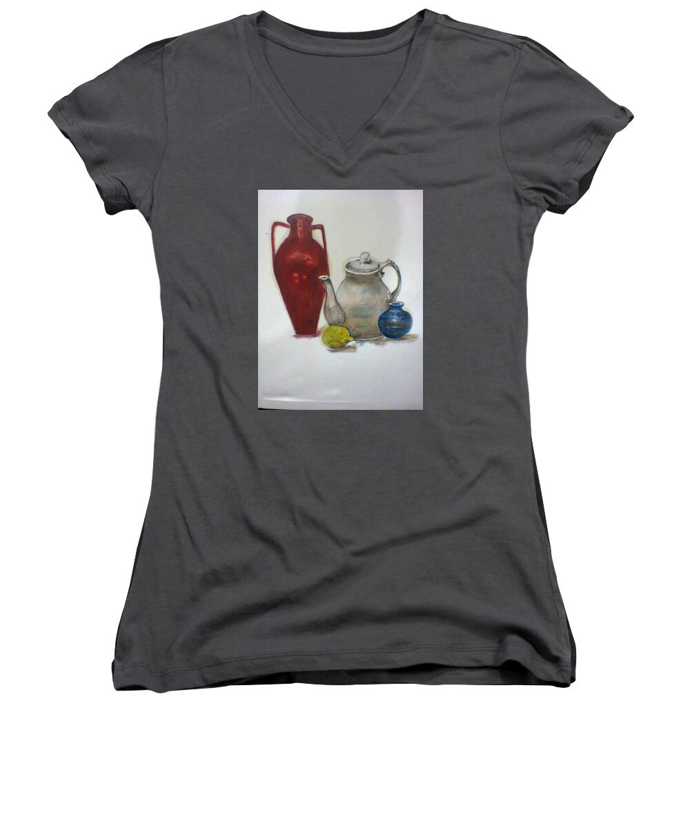 Ceramics Women's V-Neck featuring the painting Still life arrangement. by Khalid Saeed
