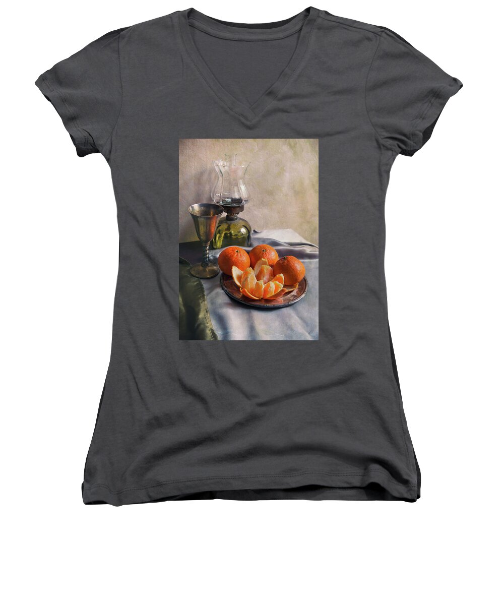 Still Life Women's V-Neck featuring the photograph Still life with fresh tangerines and oil lamp by Jaroslaw Blaminsky