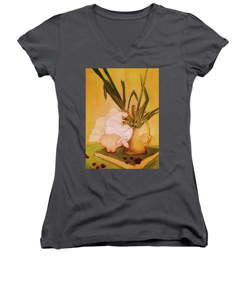 Pastel Women's V-Neck featuring the pastel Still life with funny sheep by Manuela Constantin