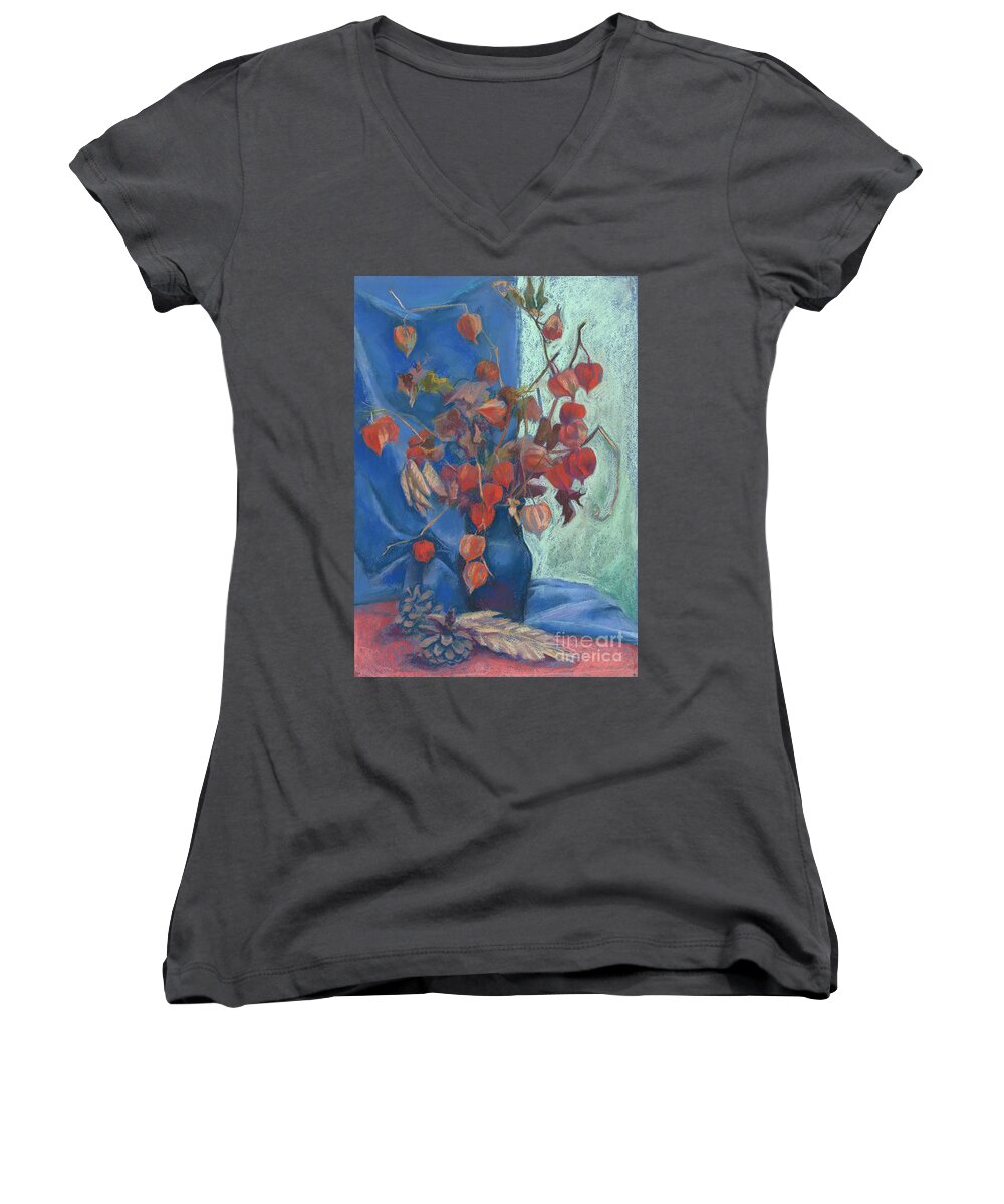 Pastel Women's V-Neck featuring the painting Still life with winter cherry by Julia Khoroshikh