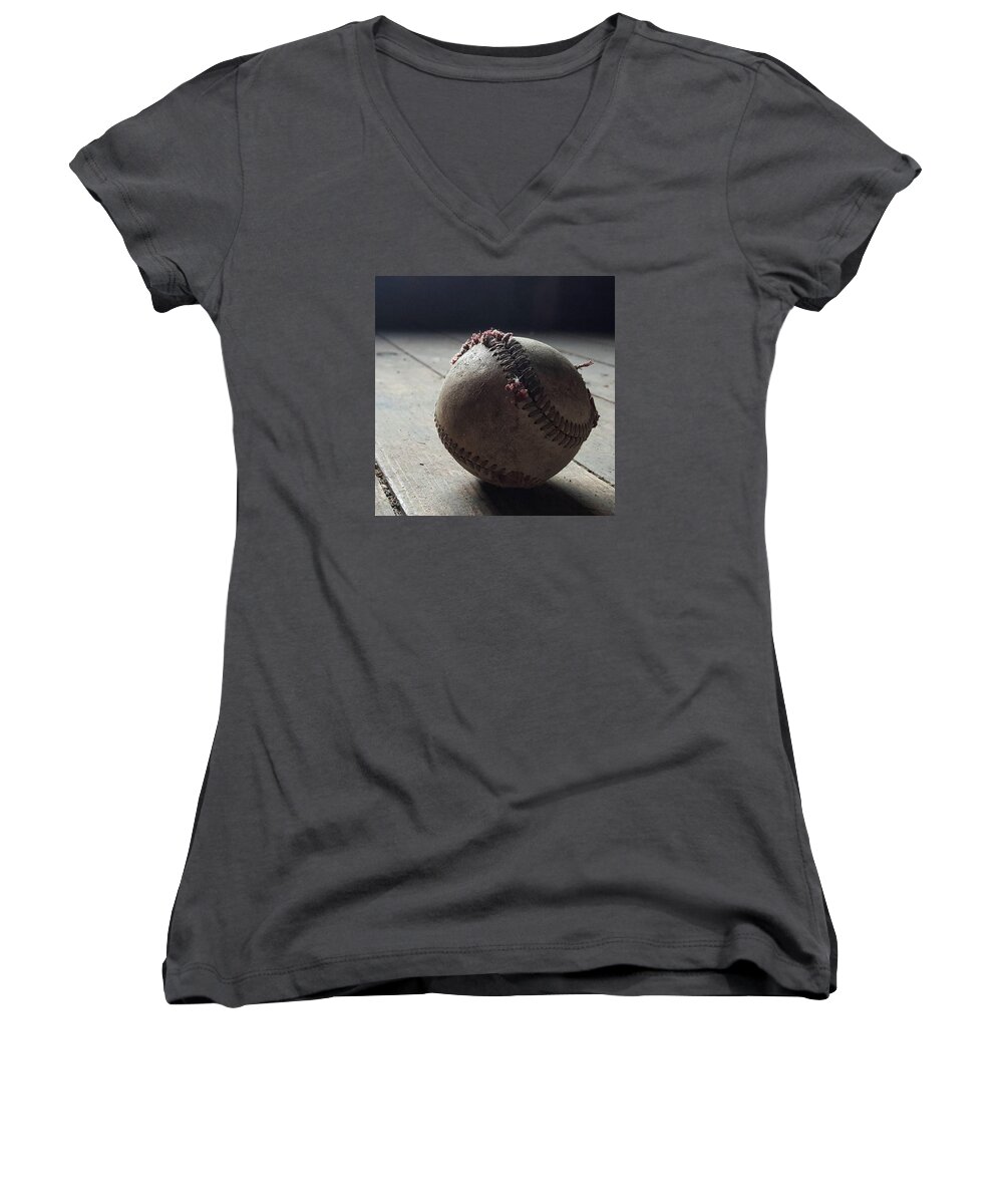 Stilllife Women's V-Neck featuring the photograph Baseball Still Life by Andrew Pacheco