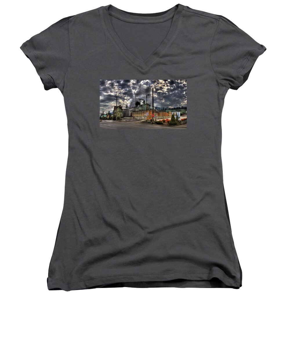 Hdr Women's V-Neck featuring the photograph Stimson Lumber Mill by Lee Santa