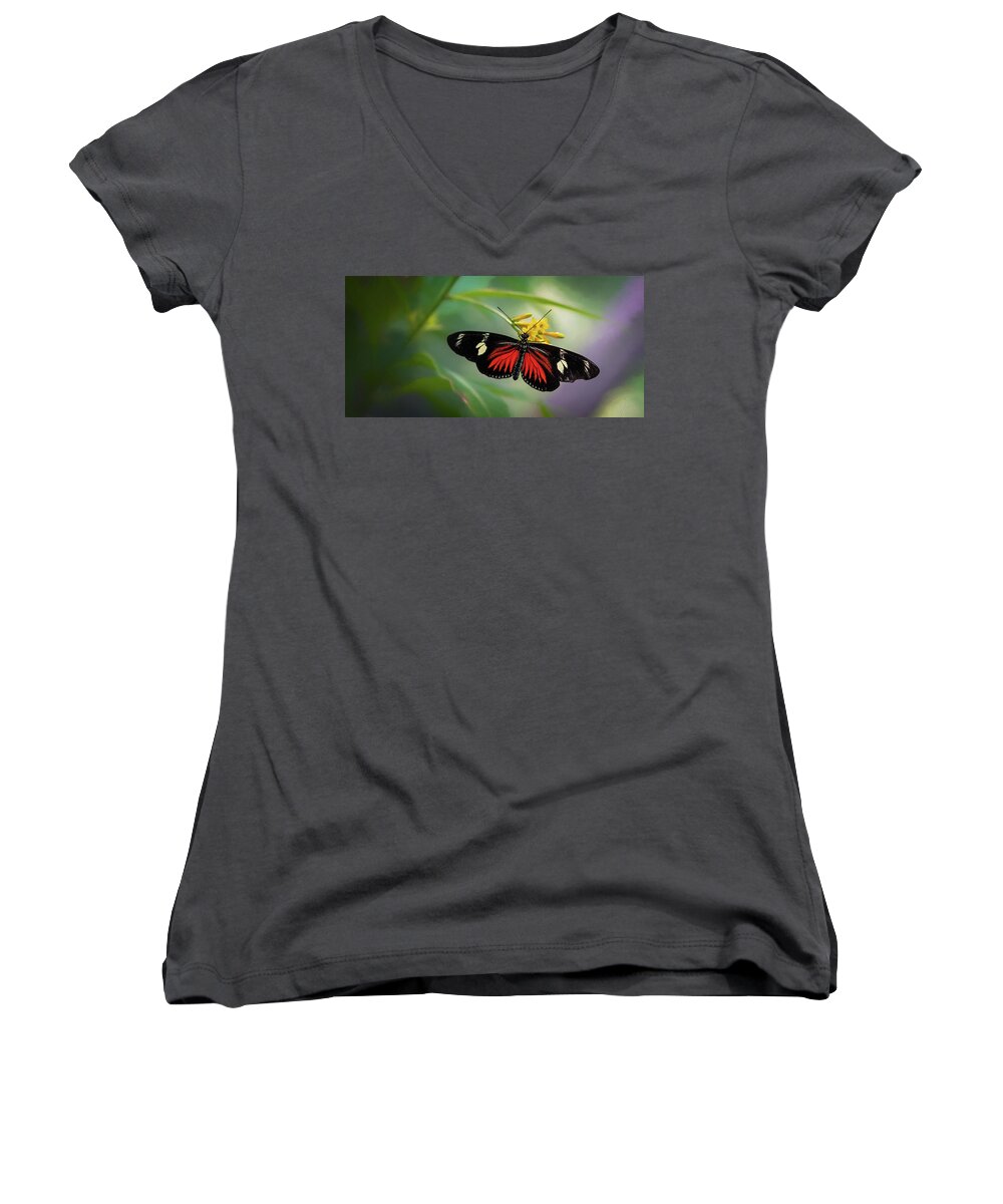 Butterfly Women's V-Neck featuring the photograph Butterfly, Stop and Smell the Flowers by Cindy Lark Hartman