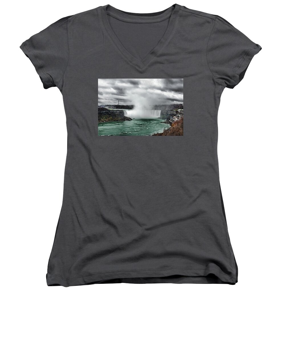 Storm Women's V-Neck featuring the digital art Storm at Niagara by JGracey Stinson