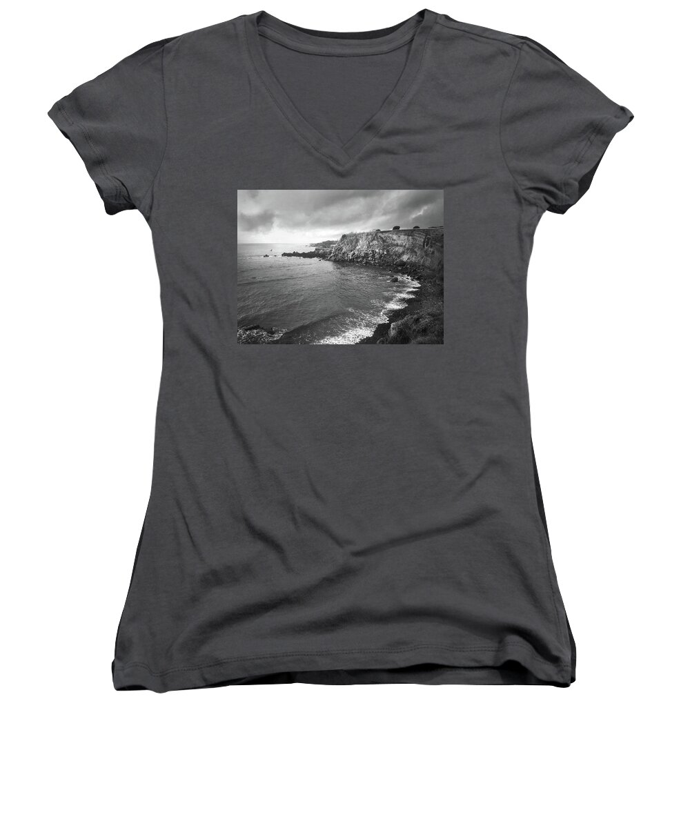 Kelly Hazel Women's V-Neck featuring the photograph Storm Over the Eastern Shoreline of Angra do Heroismo Terceira by Kelly Hazel