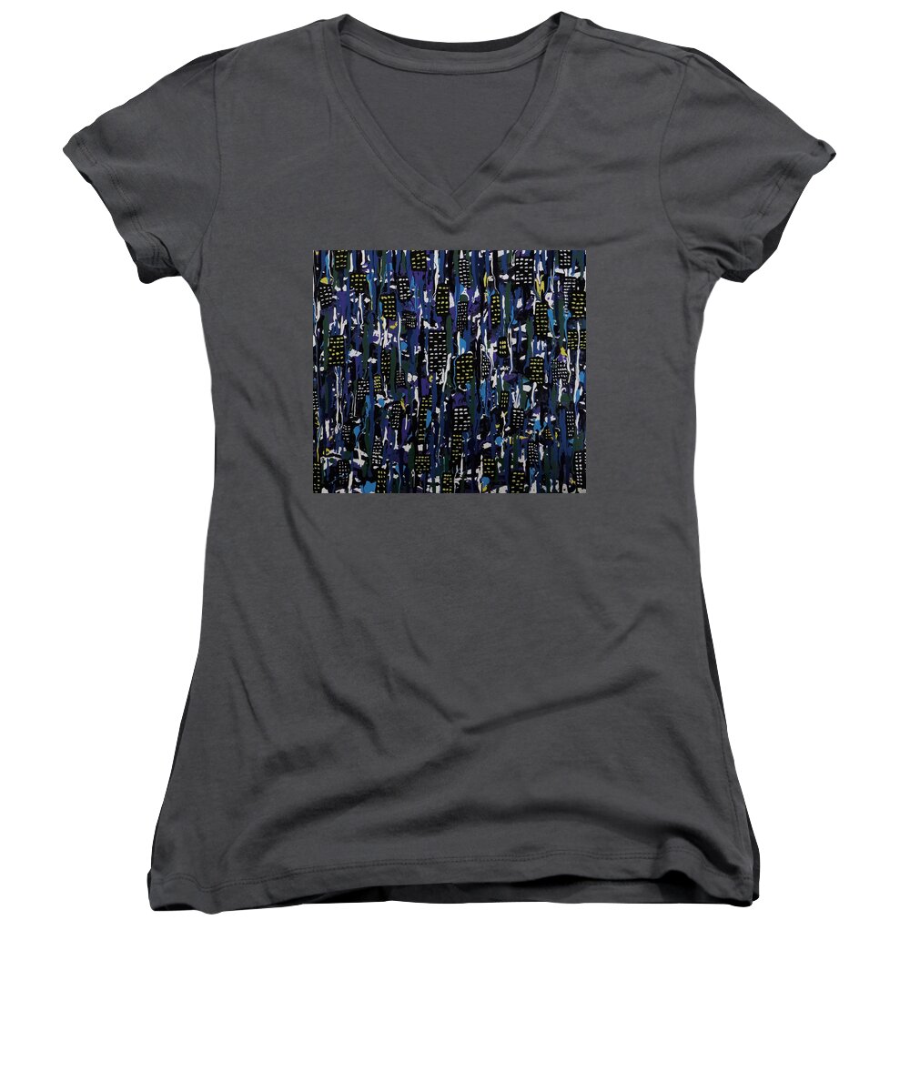 Stormy Women's V-Neck featuring the painting Stormy Night in the City by Teresa Wing