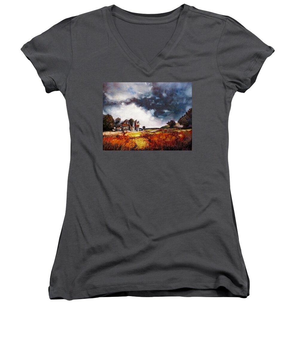 Painting Women's V-Neck featuring the painting Stormy Skies by Geni Gorani