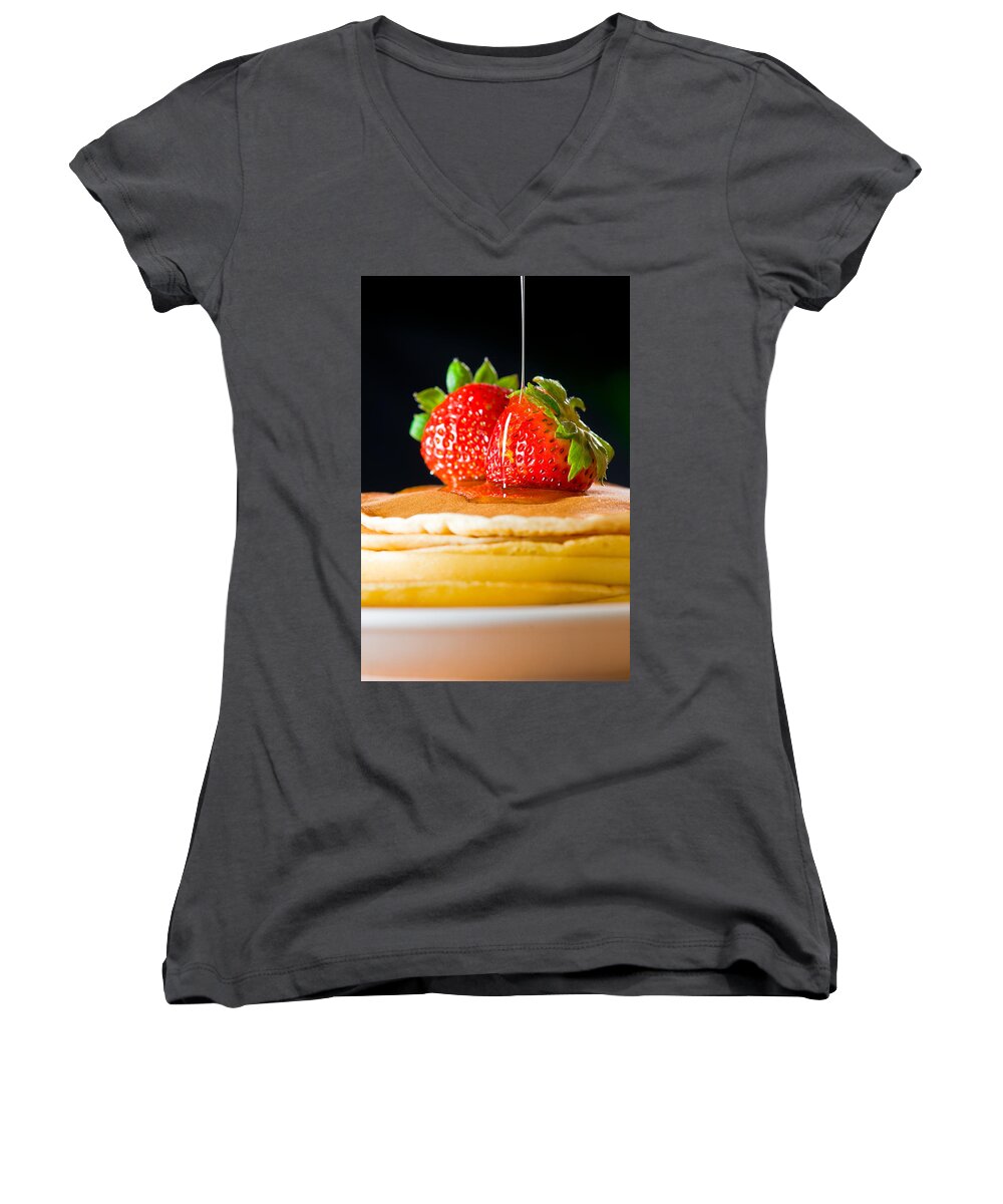 Berries Women's V-Neck featuring the photograph Strawberry butter pancake with honey maple sirup flowing down by U Schade