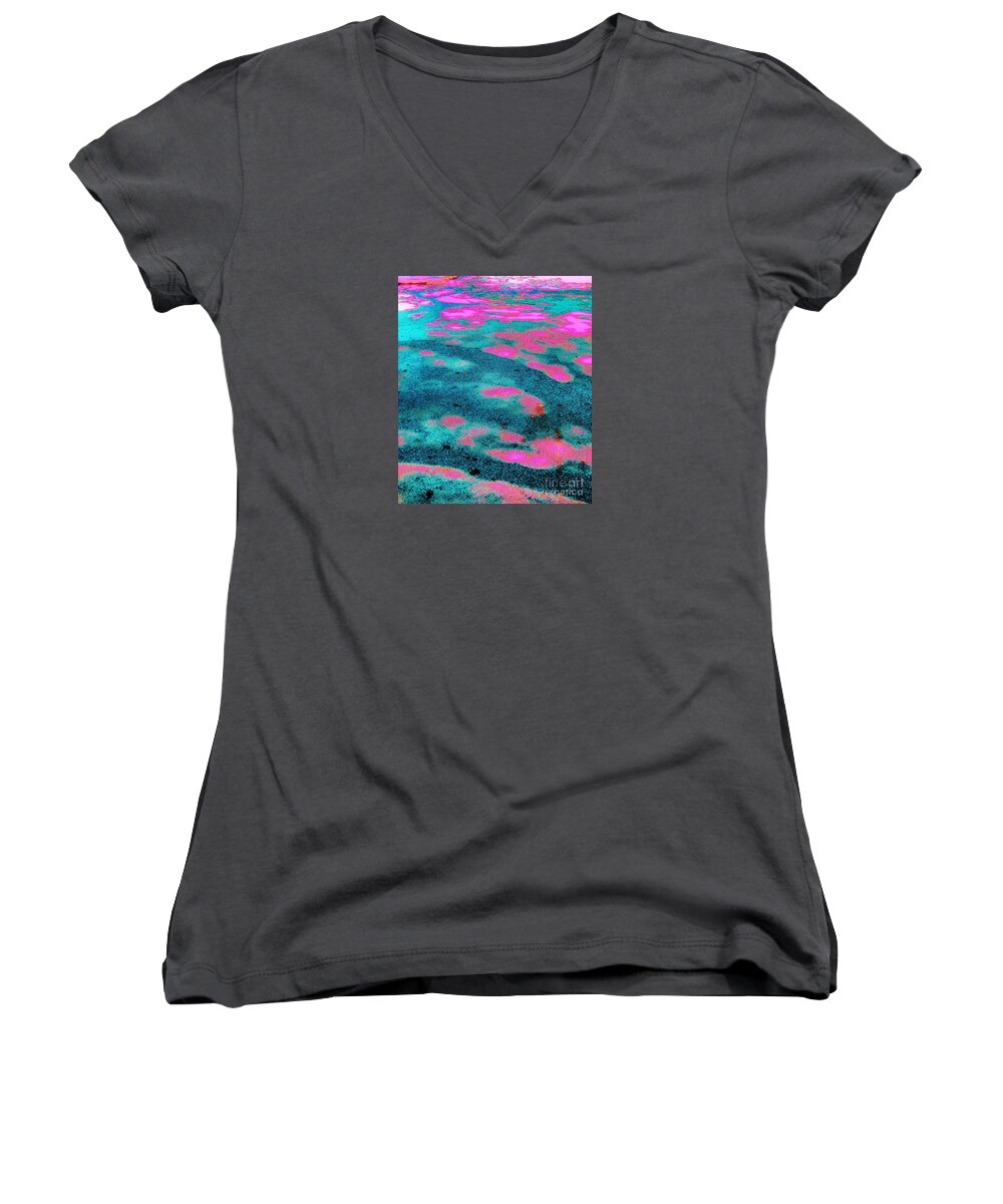  Pavement Color Extracted And Pushed And ...pushed Until I Got My Desired Result.abstracted Image Pink And Turquoise Dominate Women's V-Neck featuring the photograph Street Art by Priscilla Batzell Expressionist Art Studio Gallery