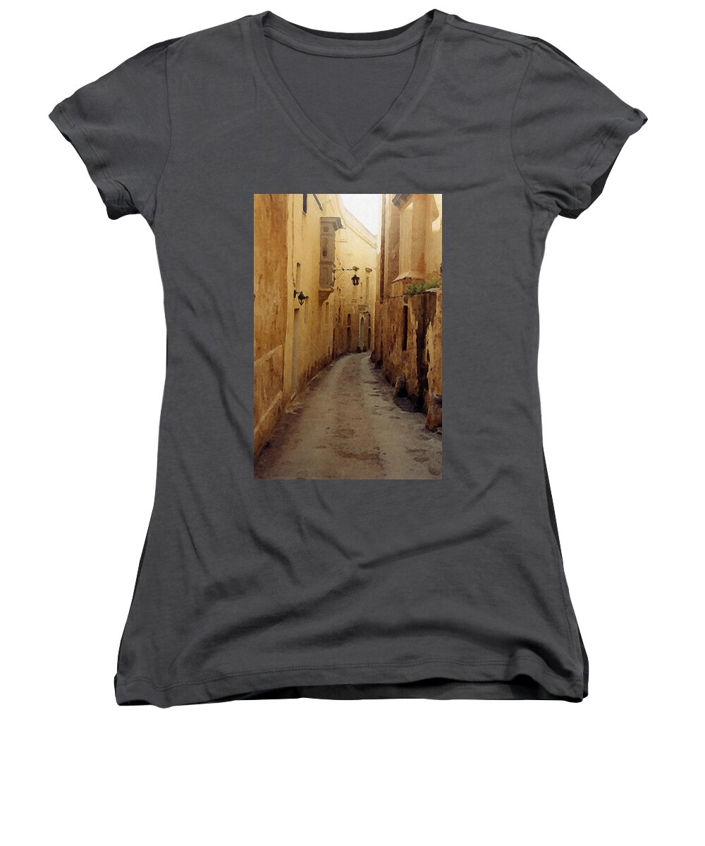 Europe Women's V-Neck featuring the photograph Streets of Malta by Debbie Karnes