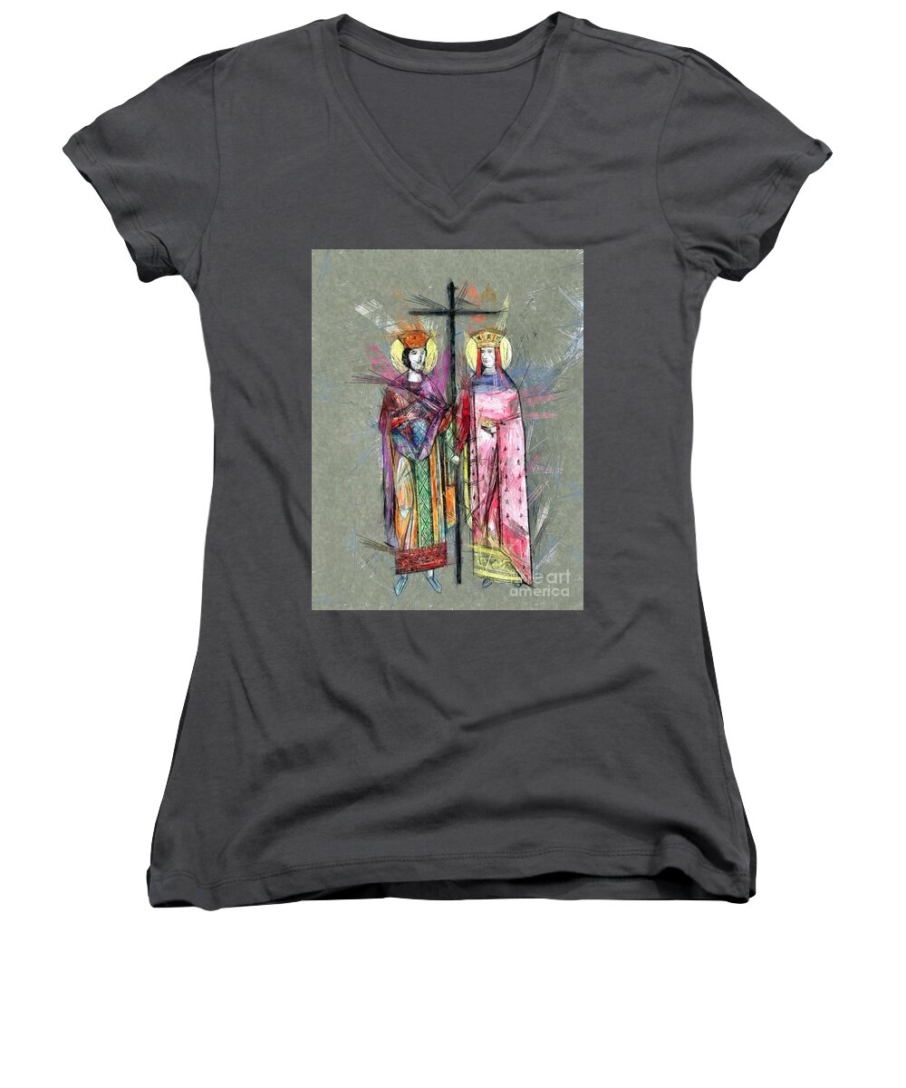 Sts. Constantine And Helen Women's V-Neck featuring the drawing Sts. Constantine and Helen by Daliana Pacuraru