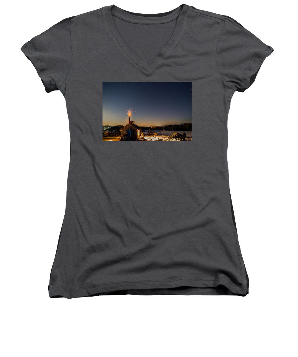 Vermont Women's V-Neck featuring the photograph Sugaring View with Stars by Tim Kirchoff