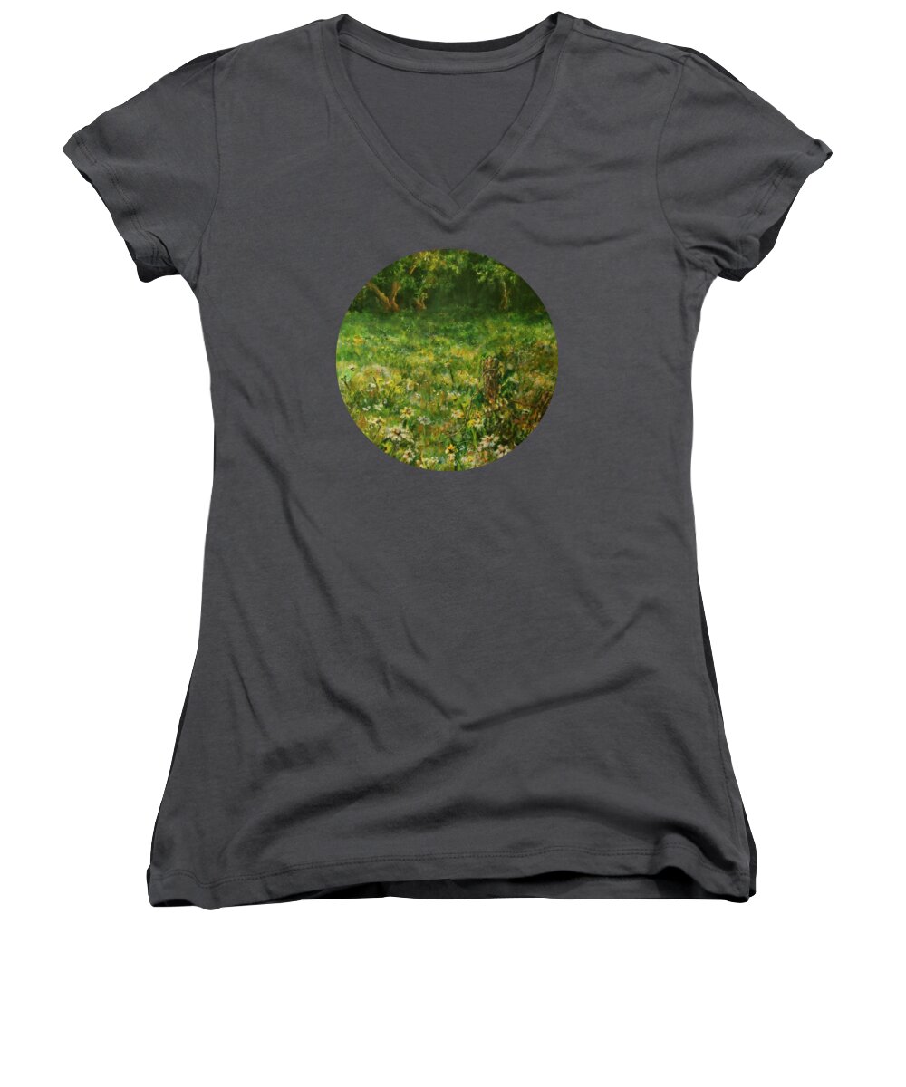 Green Women's V-Neck featuring the painting Summer Meadow by Mary Wolf