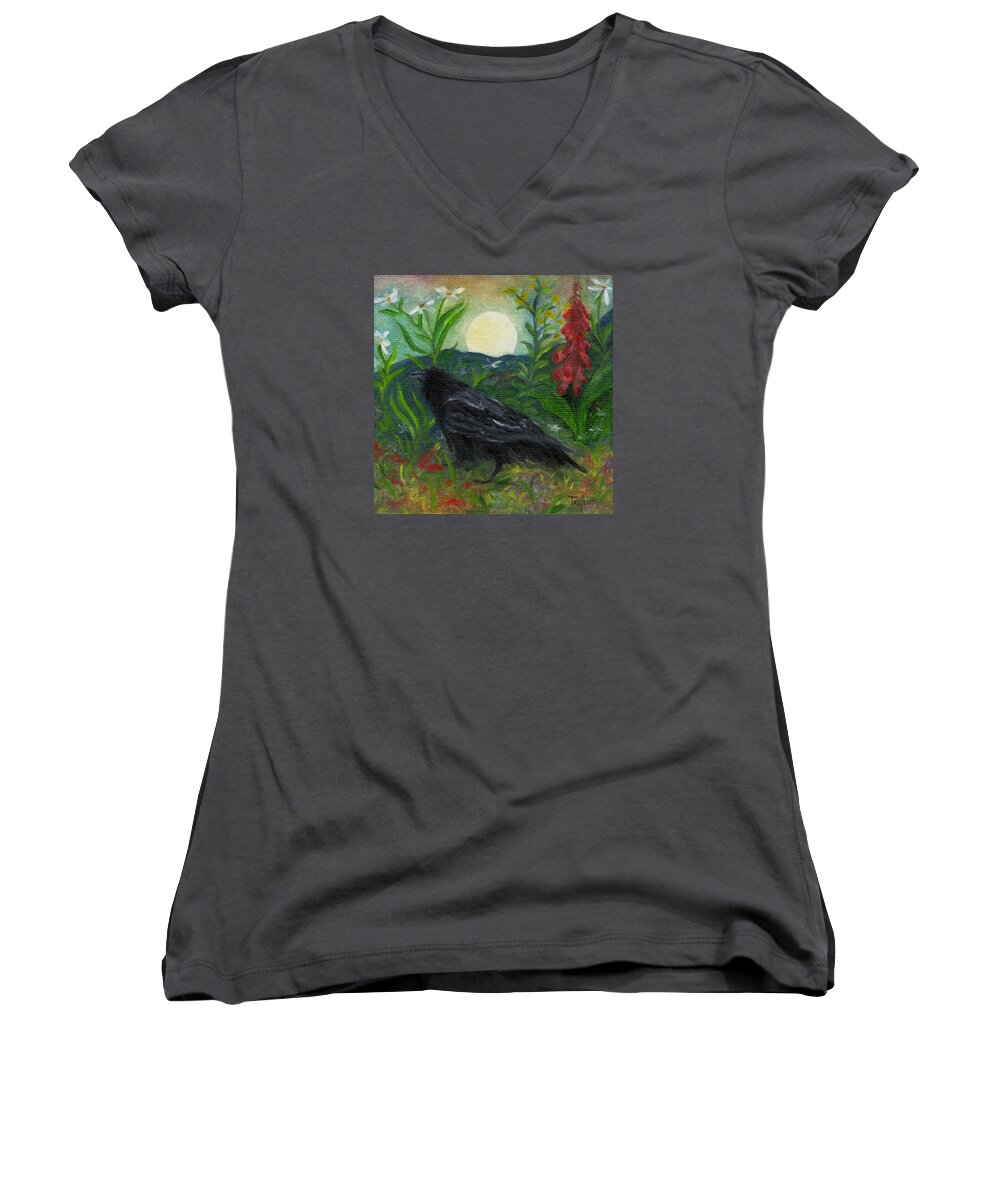 Birds Women's V-Neck featuring the painting Summer Moon Raven by FT McKinstry