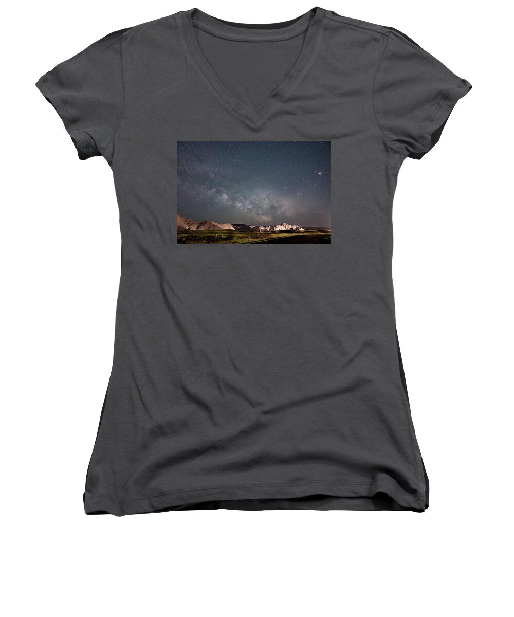 Dakota Women's V-Neck featuring the photograph Summer Sky at Badlands by Greni Graph