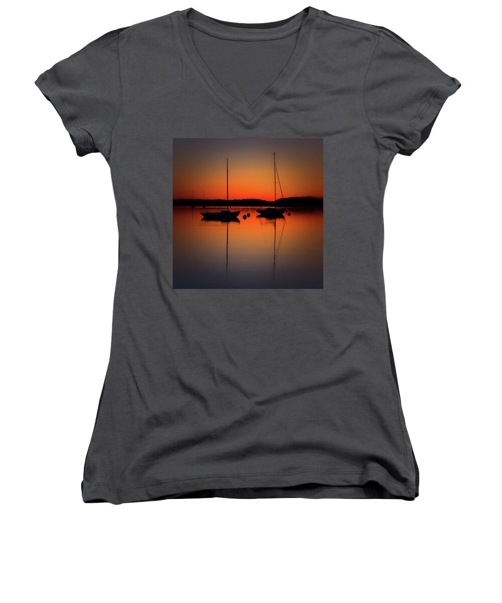 Sailboats Women's V-Neck featuring the photograph Summer Sunset Calm Anchor by Bruce Gannon