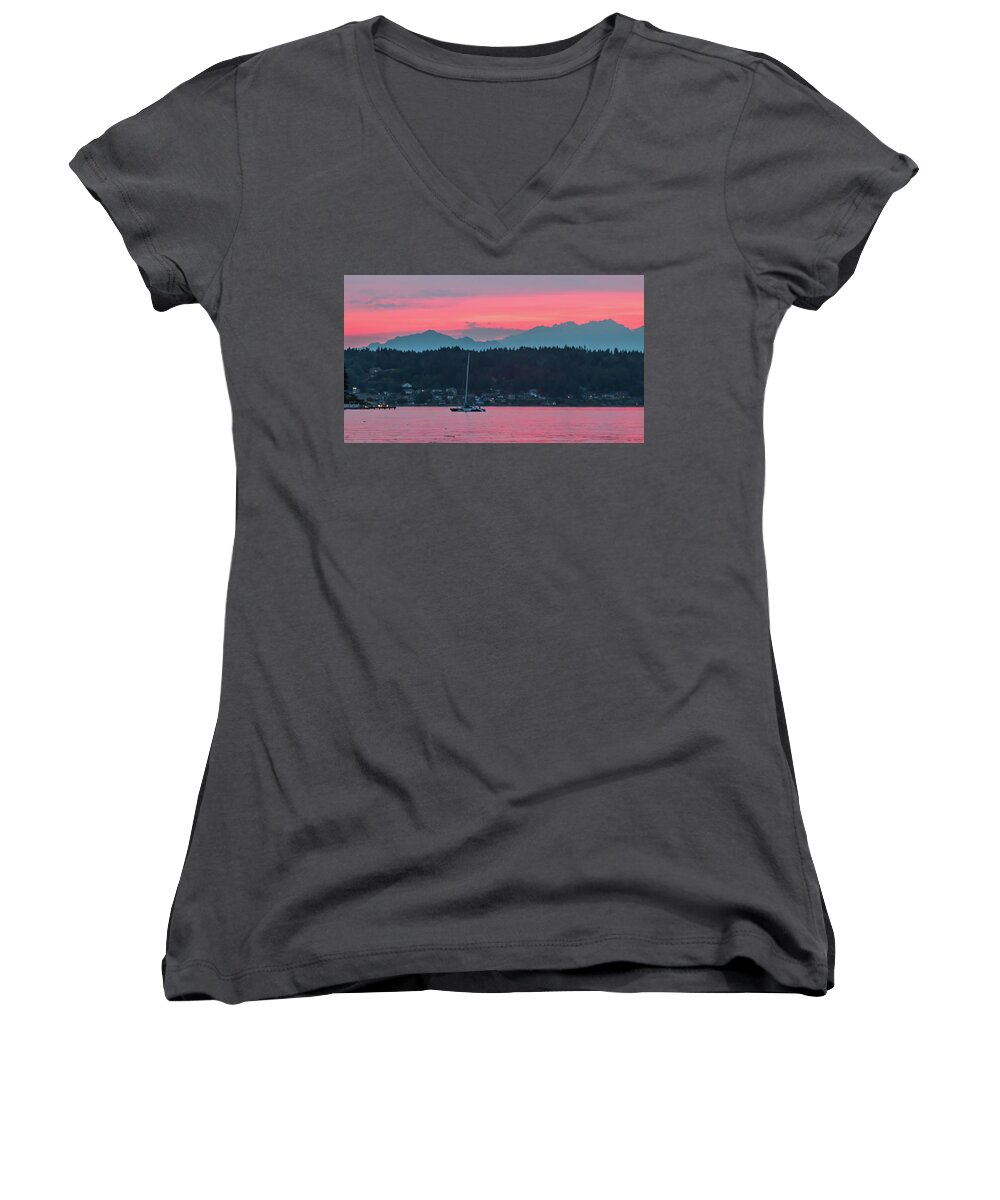 Olympic Mountains Women's V-Neck featuring the photograph Summer Sunset over Yukon Harbor.5 by E Faithe Lester
