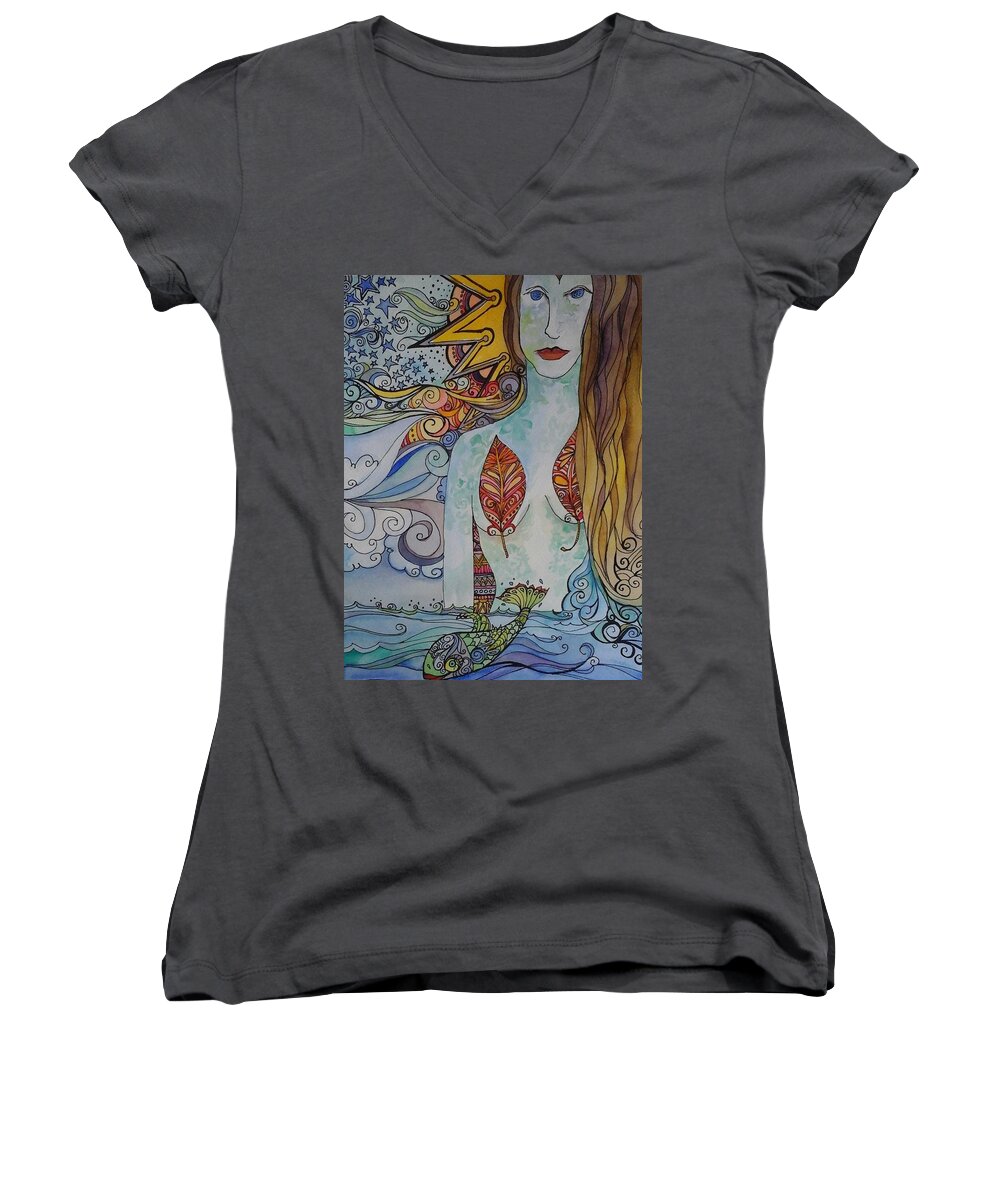 Sun Women's V-Neck featuring the painting Sun and Sea Godess by Claudia Cole Meek