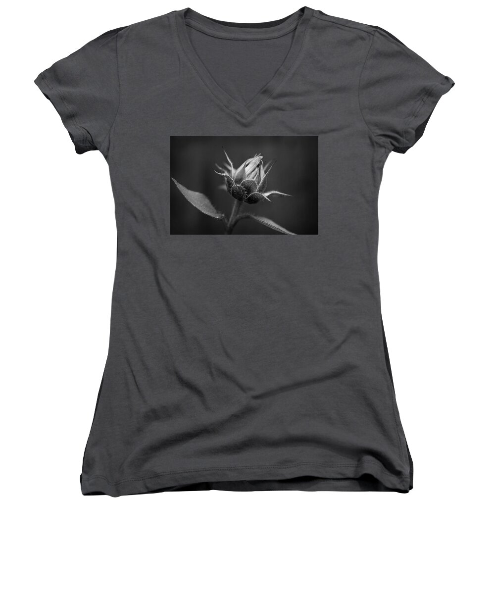 Sun Women's V-Neck featuring the photograph Sun Flower Blossom BW by Morgan Wright