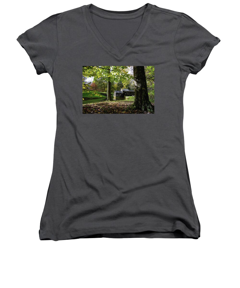 Mabry Mill Women's V-Neck featuring the photograph Sun going down at the Mill by Steve Hurt