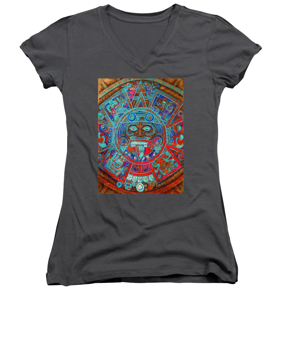 Aztec Women's V-Neck featuring the painting S U N . S T O N E by J U A N - O A X A C A