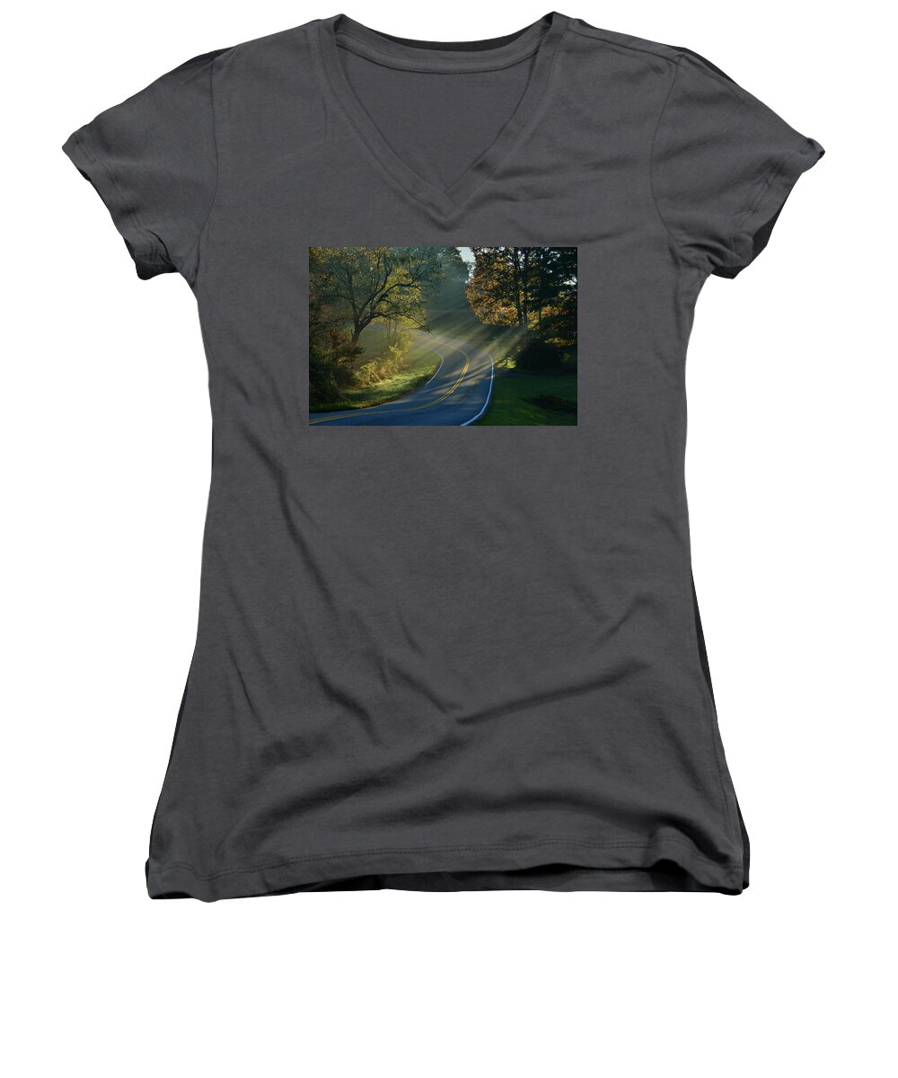 Conners Grove Women's V-Neck featuring the photograph Sun-up on Conners Grove by Ben Prepelka