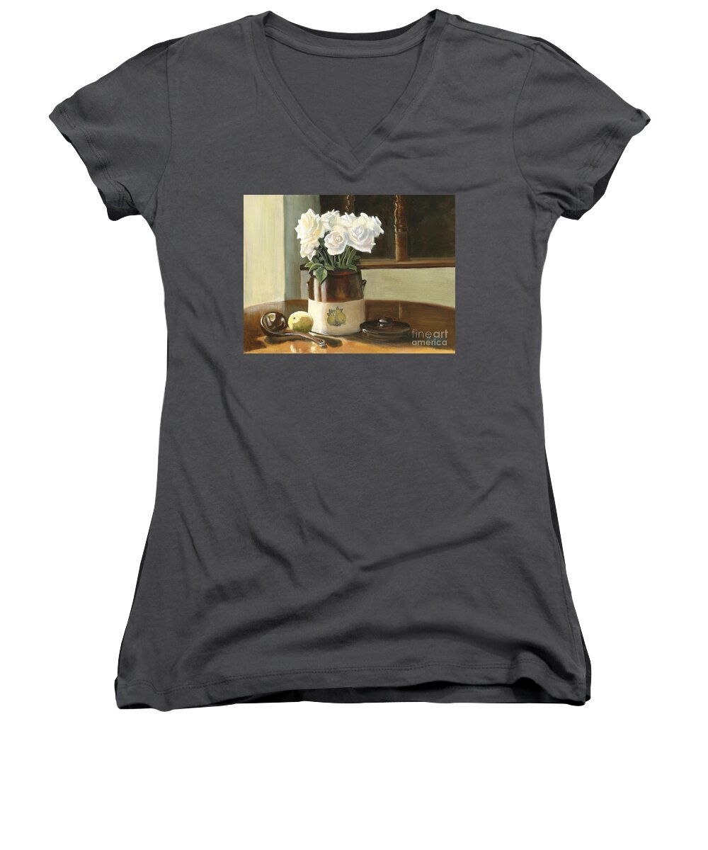 Still Life Women's V-Neck featuring the painting Sunday Morning and Roses - Study by Marlene Book