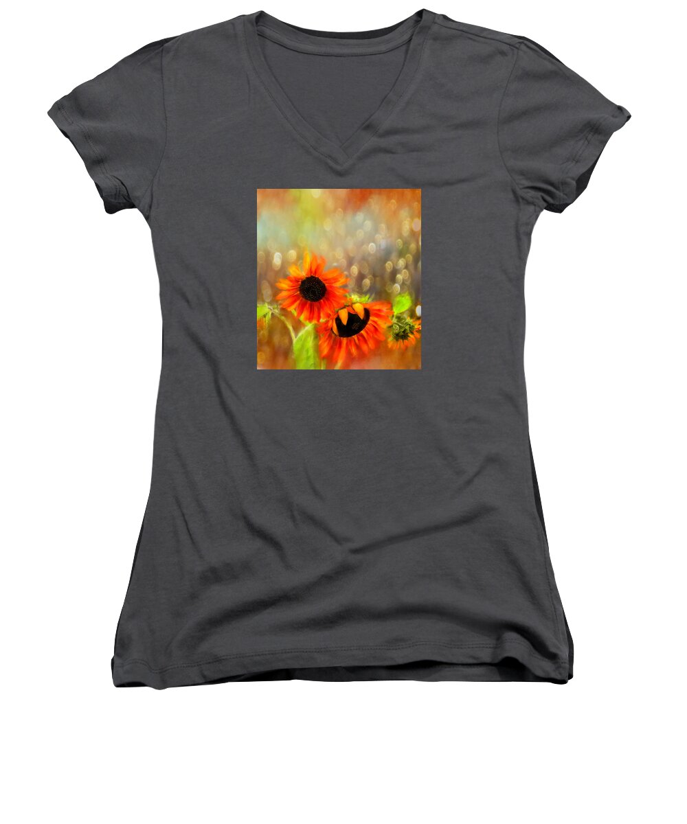 Floral Women's V-Neck featuring the digital art Sunflower Rain by Sand And Chi