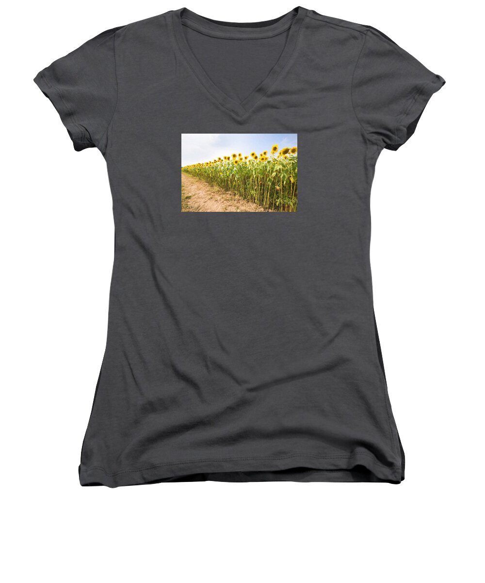Sunflowers Women's V-Neck featuring the photograph Sunflowers to Infinity by Natalie Rotman Cote