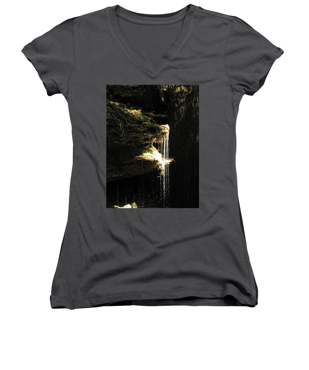 Sunlit Women's V-Neck featuring the photograph Sunlit Falls by Stacie Siemsen