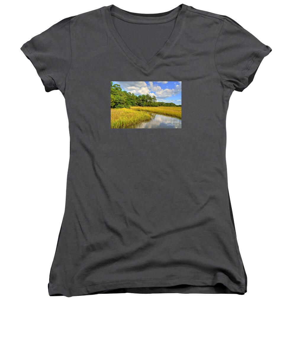 Marsh Women's V-Neck featuring the photograph Sunlit Marsh by Kathy Baccari