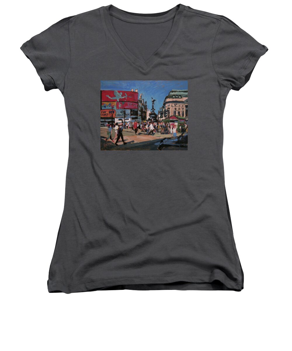 England Women's V-Neck featuring the painting Sunny Piccadilly by Nop Briex