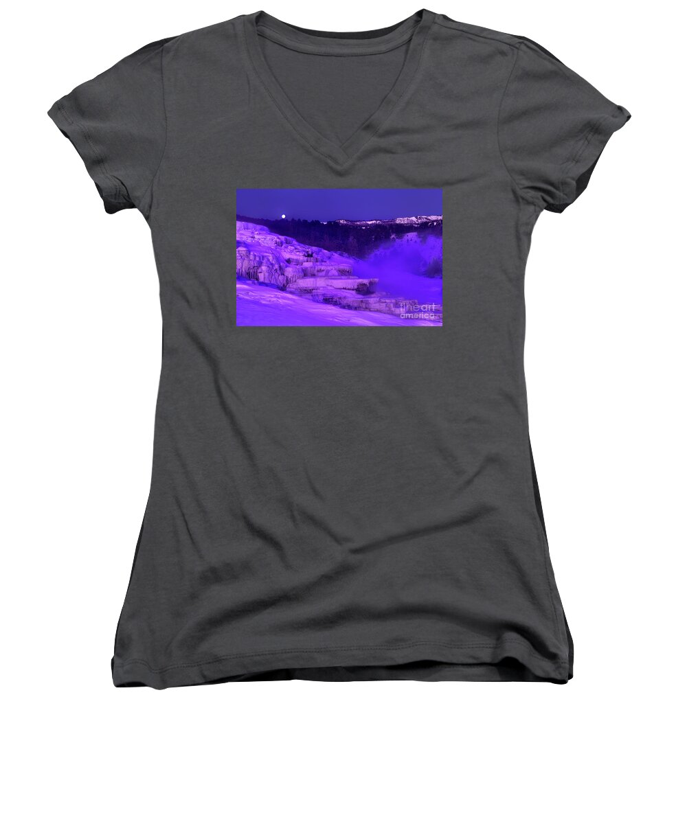 North America Women's V-Neck featuring the photograph Sunrise and Moonset Over Minerva Springs Yellowstone National Park by Dave Welling