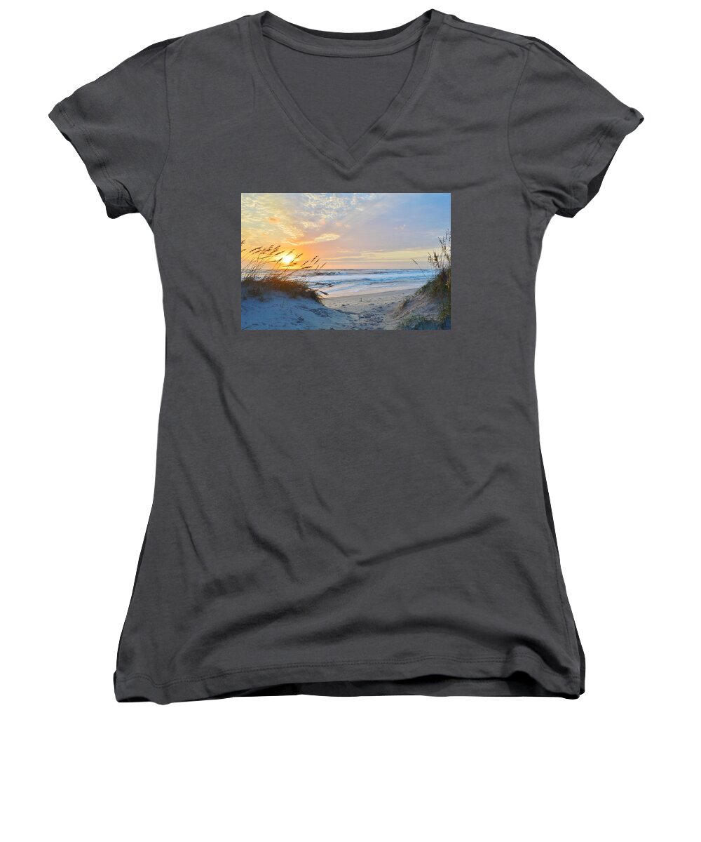 Obx Sunrise Women's V-Neck featuring the photograph Sunrise at Pea Island, NC by Barbara Ann Bell