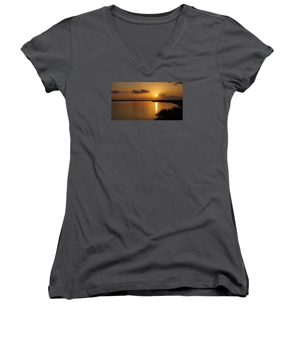 Sunrise Women's V-Neck featuring the photograph Sunrise Mobile Bay by Sandy Keeton