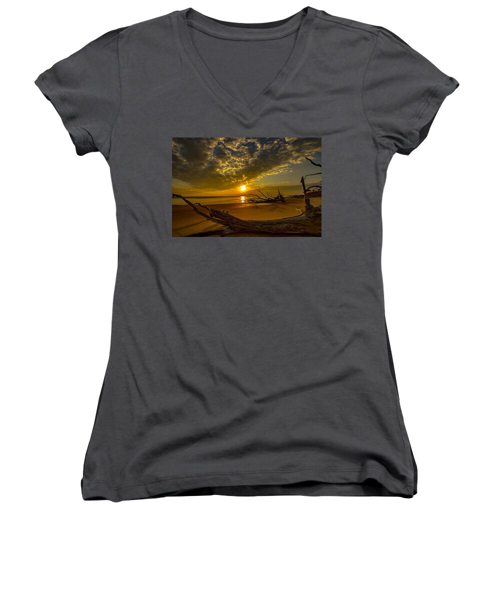 Sunrise Women's V-Neck featuring the photograph Sunrise on Boneyard Beach by Danny Mongosa