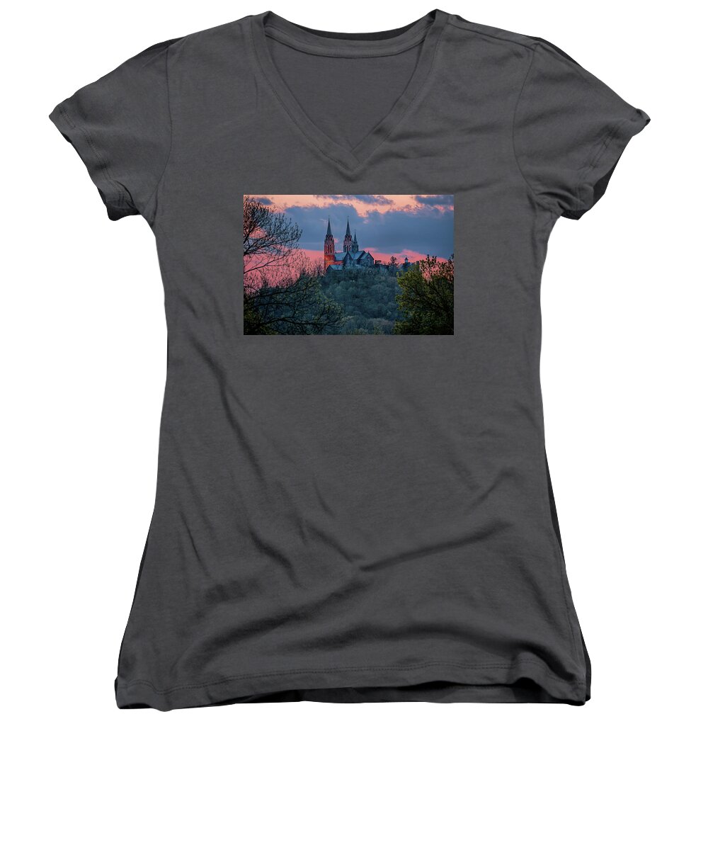 Holy Hill Women's V-Neck featuring the photograph Sunset at Holy Hill by Susan Rissi Tregoning