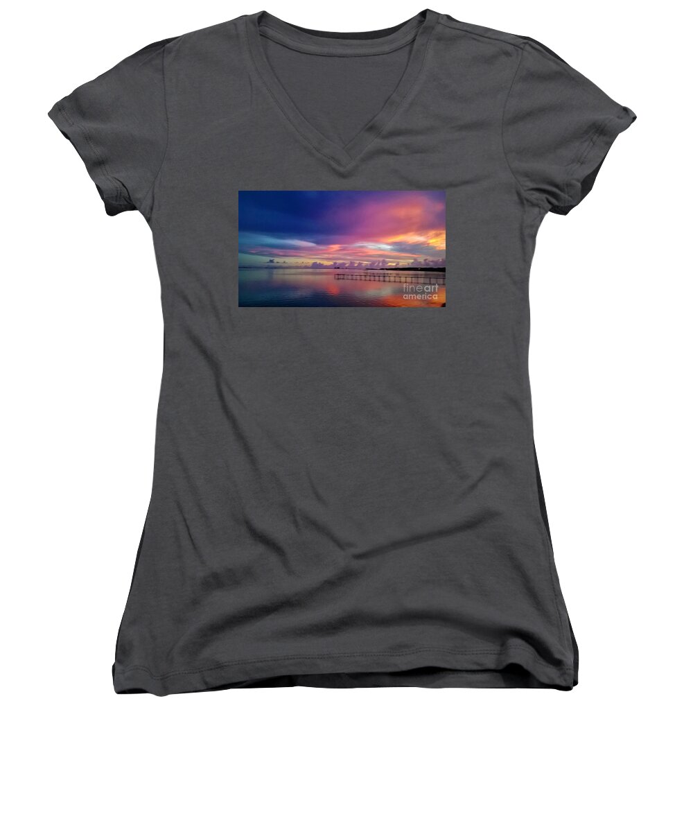 Beach Sunset Florida Women's V-Neck featuring the photograph Sunset at my Place by James and Donna Daugherty