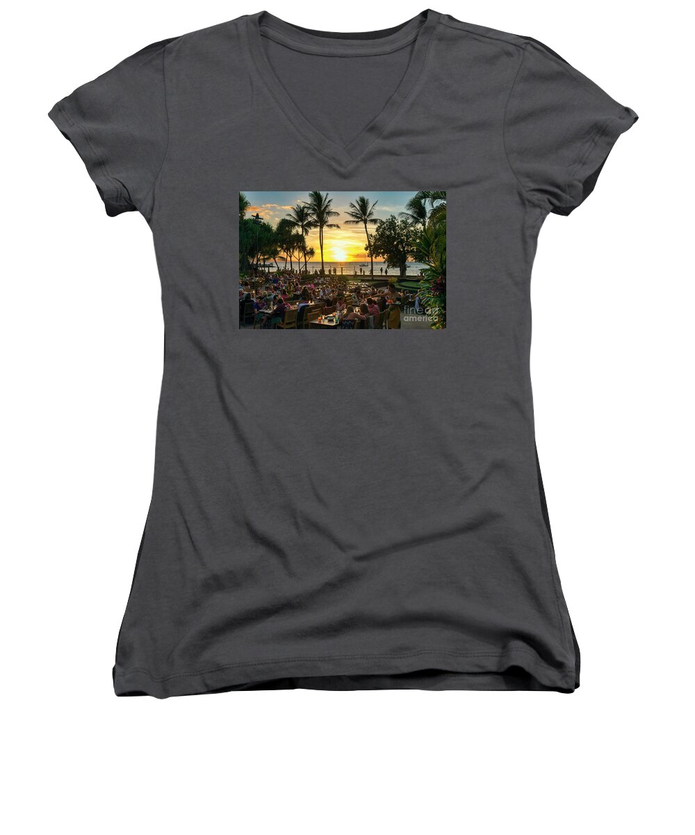 Sunset Women's V-Neck featuring the photograph Sunset At Old Lahaina Luau #1 by Eddie Yerkish