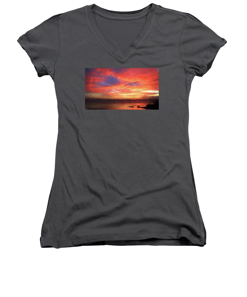 Red Women's V-Neck featuring the photograph Sunset at the Beach by John A Rodriguez